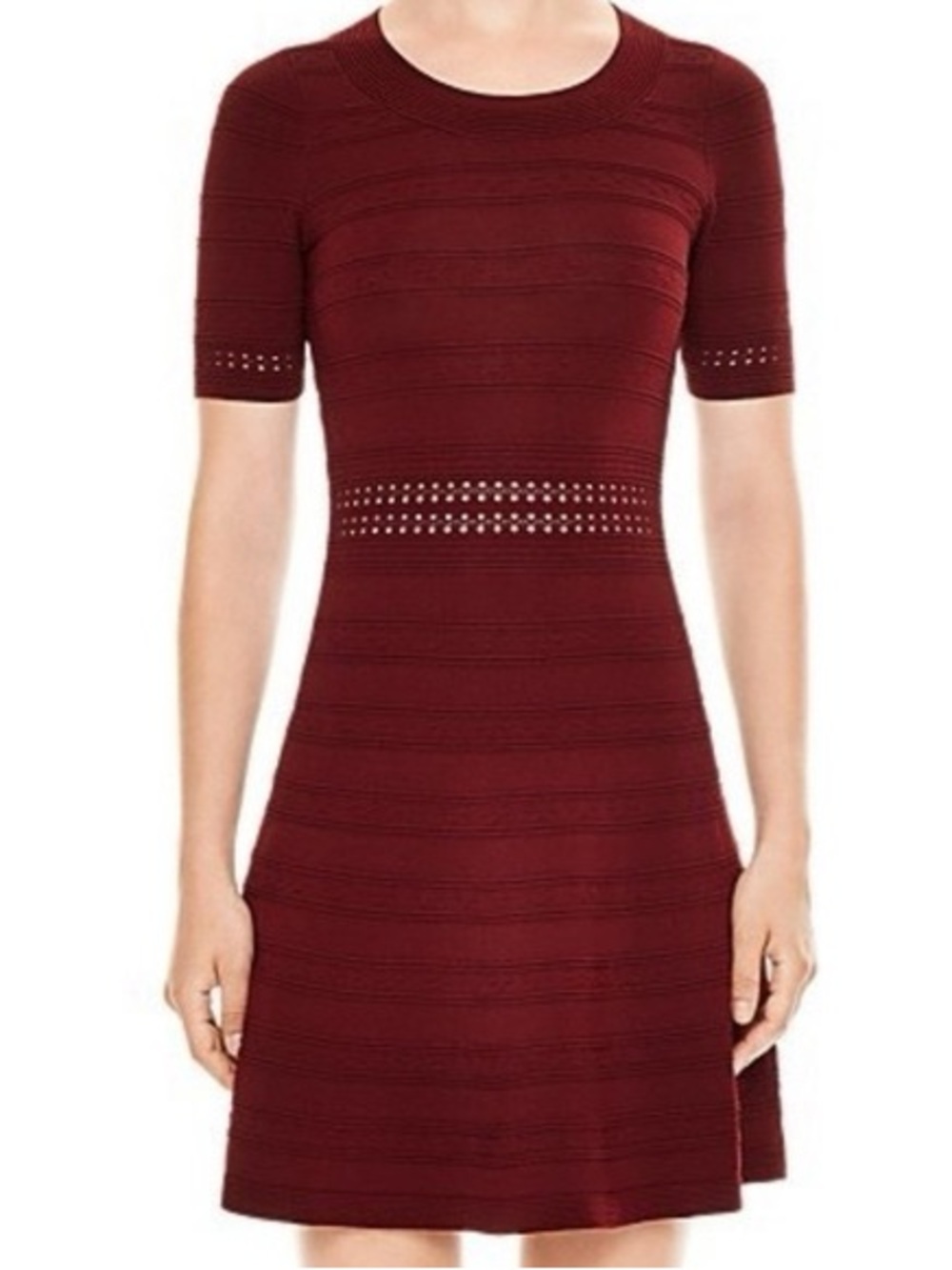 Sandro Paris Short-Sleeve Knit Fit-and-Flare Dress in Burgundy